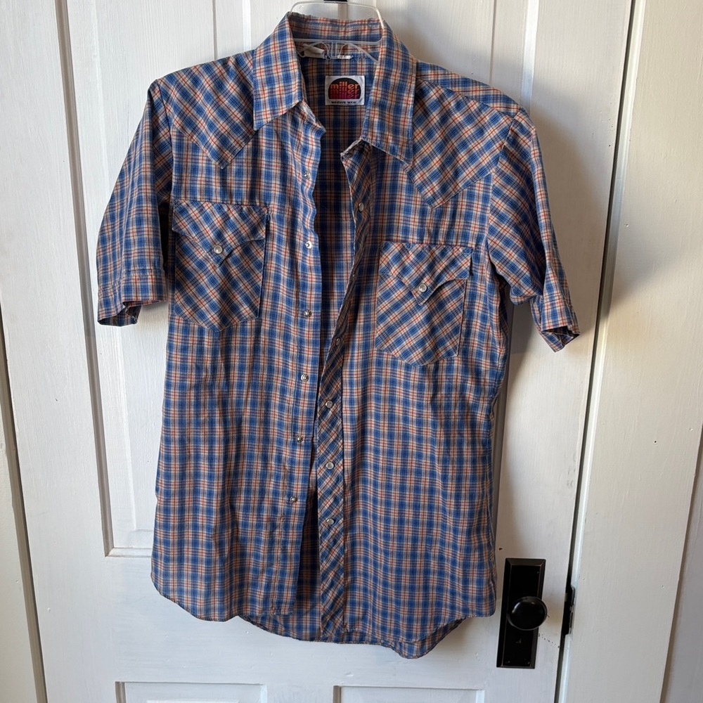 Vintage Miller Men's‎ Blue and Orange Plaid Button-Down Shirt